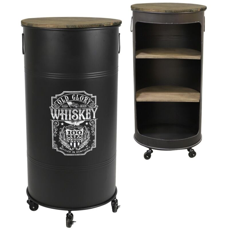 Bar bidon ouvert avec roulettes style industriel collection OLD GLORY. Diamètre 50cm, hauteur 100cmcm