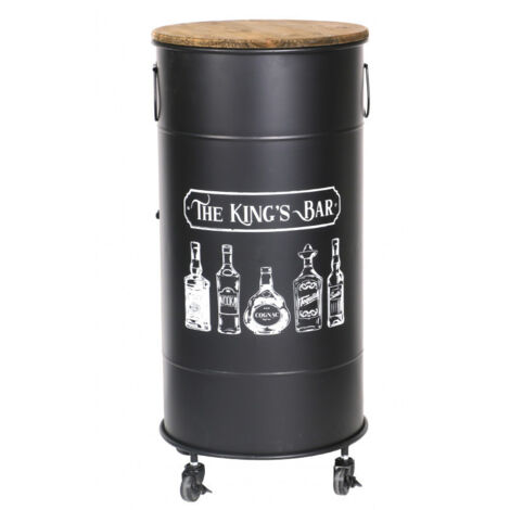 Bar bidon sur roulettes – Corps métal noir mat – Plateau bois clair – D 40 cm x H 85 cm – Porte avec loquet – Wadiga