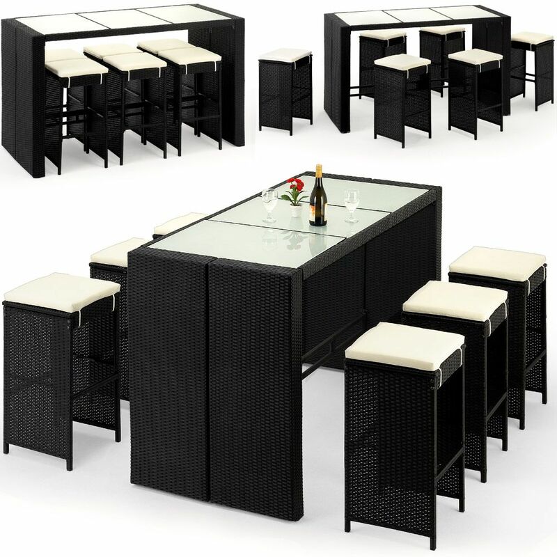 Casaria - Deuba - Bar de jardin 6+1 - polyrotin noir - coussins inclus - plateau de table en verre dépoli - Ensemble table et chaises, terrasse,