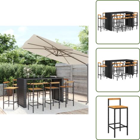 Bar de jardín - vidaXL Mesa bar y taburetes jardín 9 pzas madera acacia ratán PE negro - Muebles de exterior