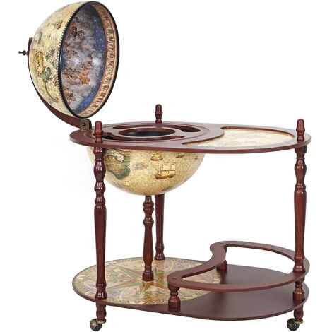 Bar de salon avec table HWC-D84, minibar, globe terrestre Ø 42cm, roulant, bois d'eucalyptus