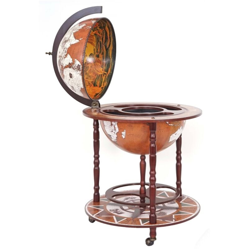 Bar de salon HHG 528, minibar, étagère de vin, globe terrestre ø 45cm, roulant, bois d'eucalyptus