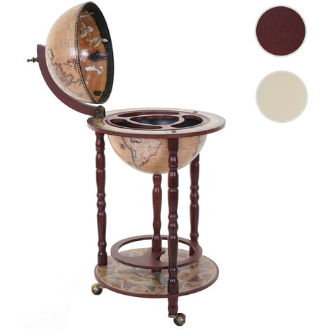 Bar de salon HWC-D83, minibar, étagère de vin, globe terrestre Ø 33cm, roulant, bois d'eucalyptus - marron