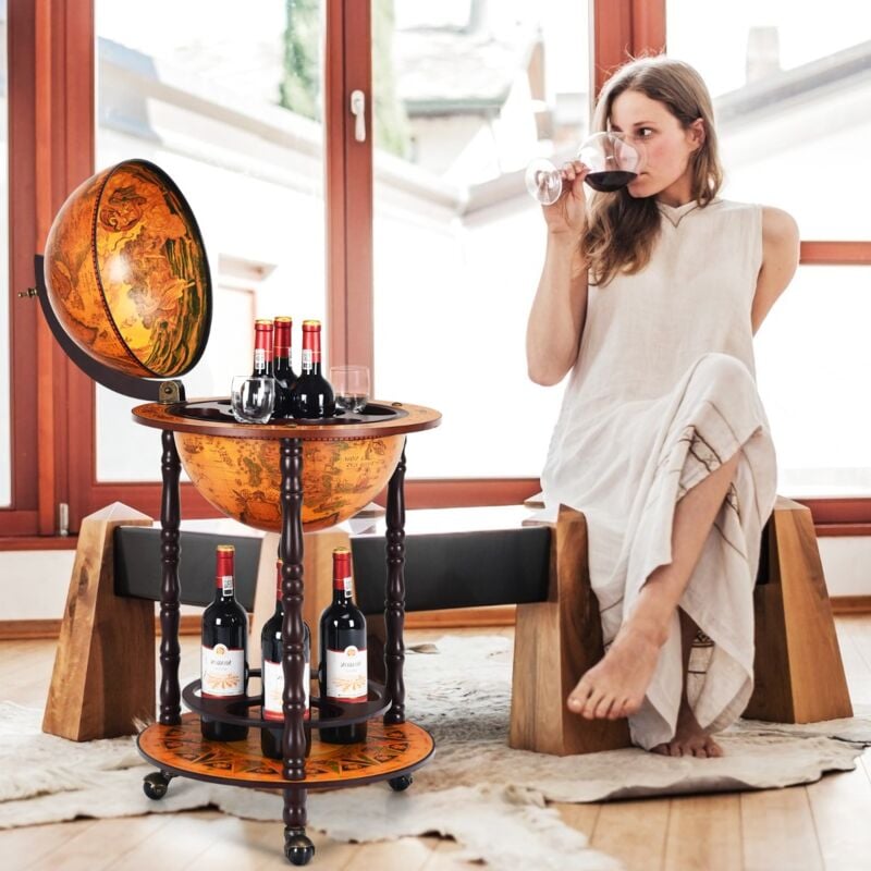 Maisonchic - Bar Globe Terrestre Vintage Mappemonde en Bois d'Eucalyptus avec 3 Roulettes et Style Italien du XVIe Siècle 47 x 47 x 90CM CW1206