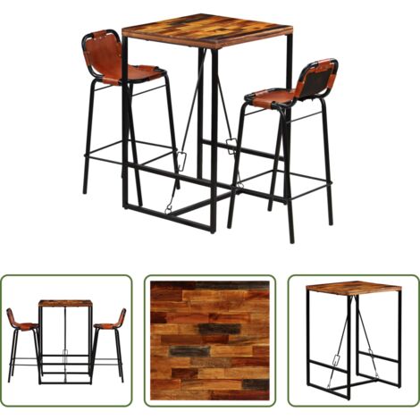 Bar industrial -  Set muebles bar 3 pzas madera reciclada cuero cabra auténtico