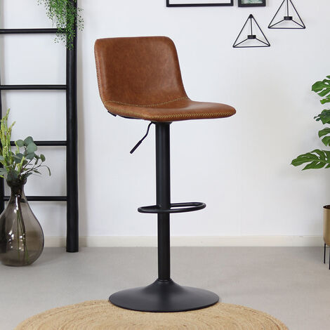 Industrial Bar Stool Minimal Cognac/Black PU Leather 77CM - Furnwise