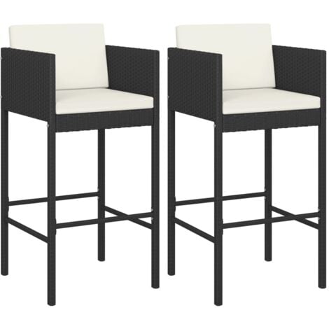 Bar Stools 2 pcs with Cushions Black Poly Rattan vidaXL