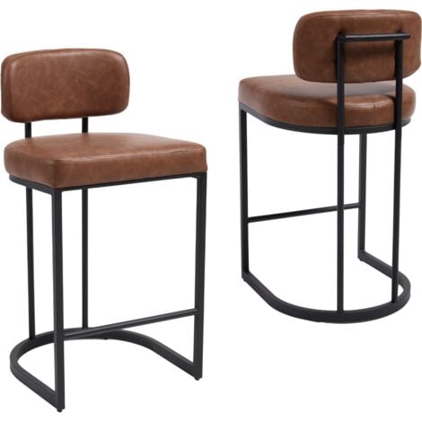 WAHSON OFFICE CHAIRS Bar Stools 2Pcs in PU Leather Modern Industrial Counter Chairs with Metal Frame for Home Bar Pub Restaurant, Brown, Wahson