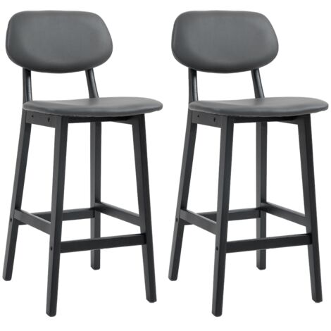 Bar Stools Set of 2, Breakfast Bar Chairs, PU Leather Upholstered Kitchen Stools with Backs, Footrests and Solid Wood Legs, Dark Grey