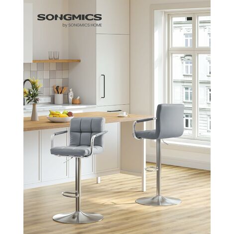 Bar Stools Set of 2, Height Adjustable Bar Chairs in Synthetic Leather, 360° Swivel Kitchen Stool with Backrest and Footrest, Grey LJB93GUK