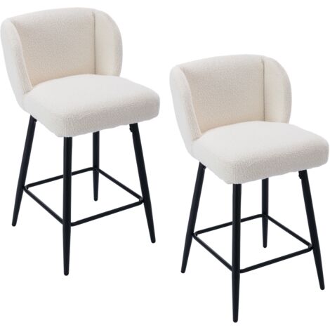 Bar Stools Set of 2 in Faux Fur Upholstered Modern Counter Chairs with Comfty Backrest for Home Bar Restaurant, White, Wahson