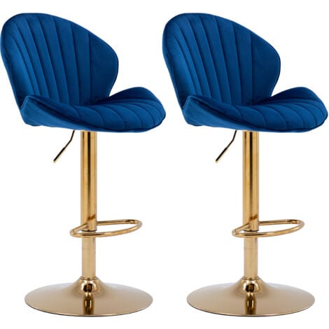 Bar Stools Set of 2 in Velvet Modern Counter Chairs Height Adjustable with Shell-Shaped Backrest for Home Bar Restaurant, Blue, Wahson