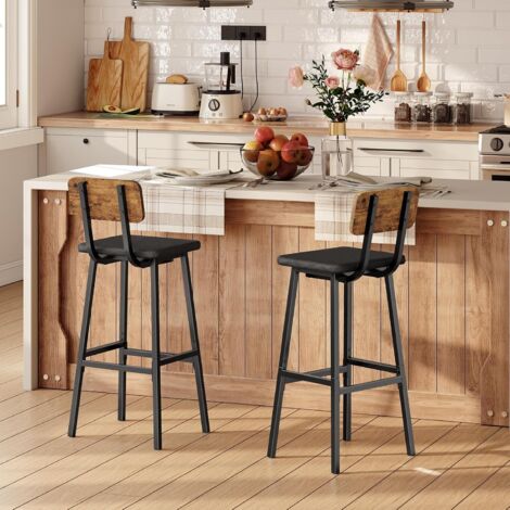Bar Stools Set of 2, PU Upholstered Breakfast Bar Stools, Industrial Barstools with Backrest and Footrests, Bar Chairs for Kitchen, Dining Room, Bar, Rustic Brown and Black EBF84RBY01G2,HOOBRO