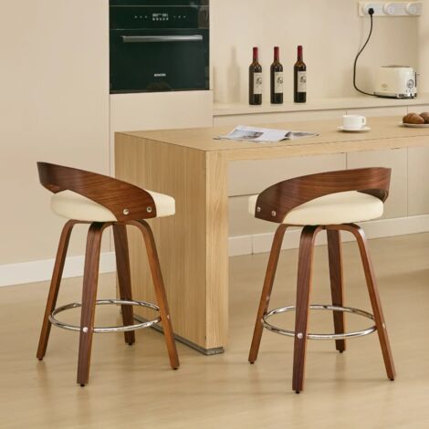 Bar Stools Set of 2, Swivel Bar Height Stools with Low Back, Wood Bar Chairs with Soft Cushion Seat, 63CM Seat Height (Beige 63CM Counter Height) ,DE1854BG