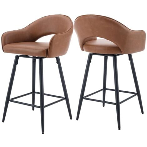 Bar Stools Set of 2 Upholstered in PU Leather Counter Chairs with Hollow Backrest Swivel High Stools for Home Bar, Brown, Wahson