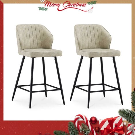 CLIPOP Bar Stools,2x Faux Leather Padded Breakfast Bar Chairs with Backrest and Metal Legs, High Back Dining Stools, Beige