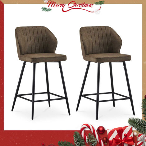 Bar Stools,2x Faux Leather Padded Breakfast Bar Chairs with Backrest and Metal Legs, High Back Dining Stools, Brown