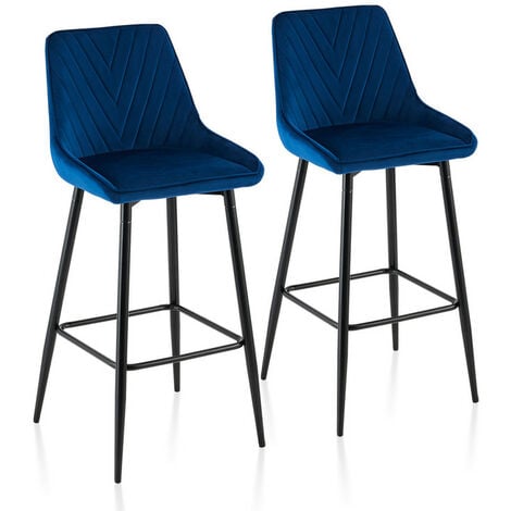 CLIPOP Bar Stools,2x Modern Velvet Kitchen Chair, High Breakfast Chairs with Metal Footrests,Blue