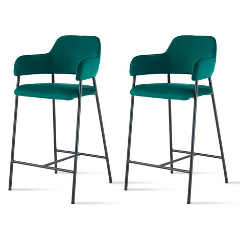 Bar Stools,2x Velvet Breakfast Barstools, Modern Upholstered Chair, Seat High 65cm, Green