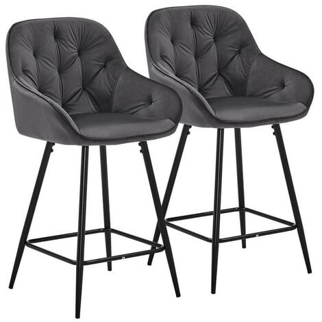 CLIPOP Bar Stools,2x Velvet Thick Padded Breakfast Kitchen Bar Chairs with Armrest and Footrest, Seat Height 65cm, Grey