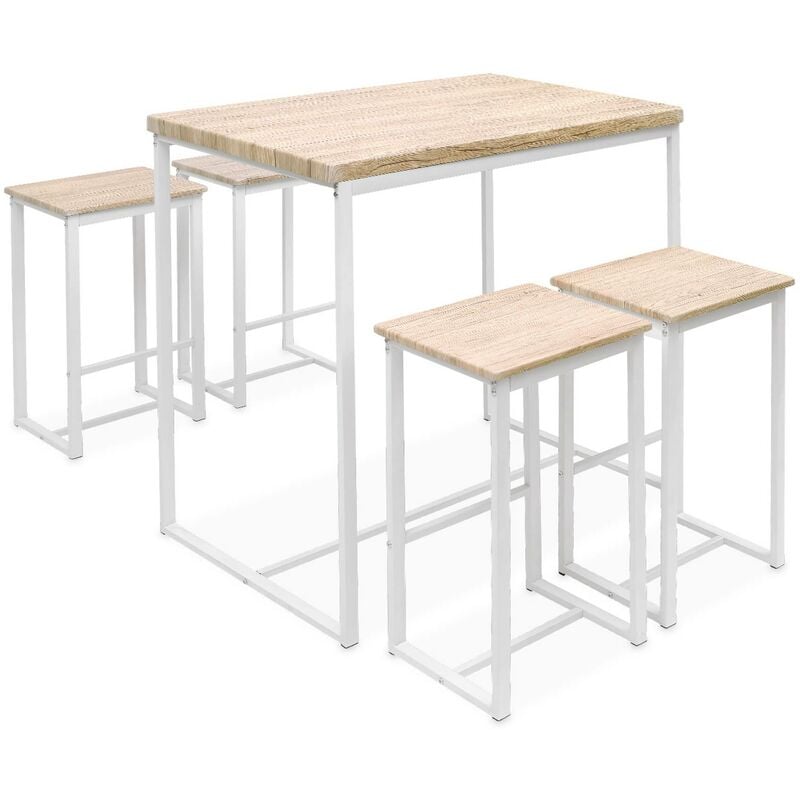 Industrial bar style table set with 4 stools, dining set 100x60x90cm - Loft - White - White
