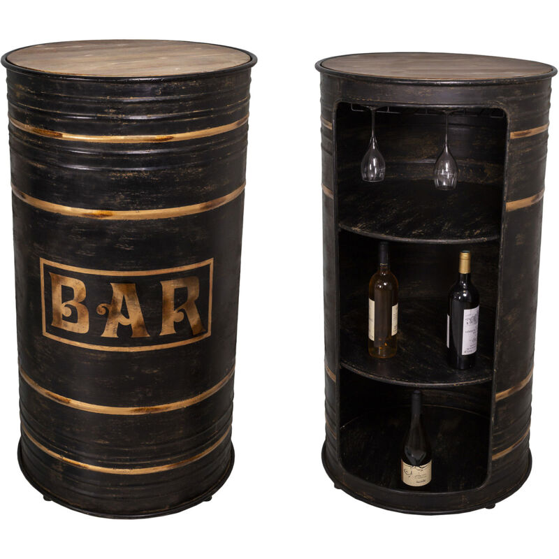 M&s - Bar tonneau rond 60x60x110 cm en fer noir et sapin