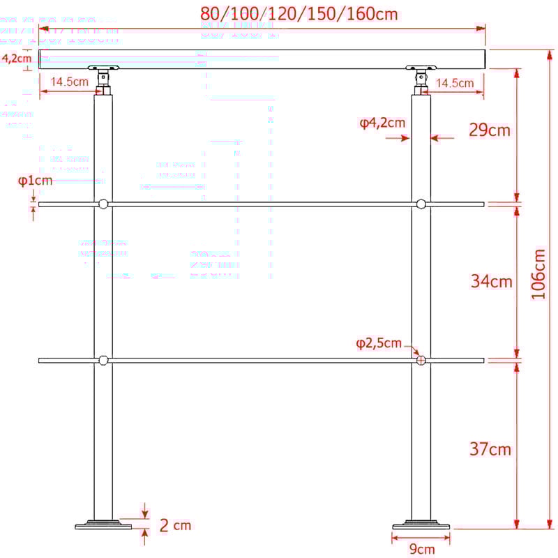 Barandilla acero inox 4 varillas 140cm Pasamanos escalera Parapeto