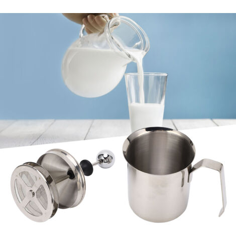 Baratte à lait manuelle inox double paroi 500cc avec manche épais et pompe à main pour café crème [Baratte lait manuelle] [Double paroi] [500cc] [Pompe main] [Manche épais] [Café crème]