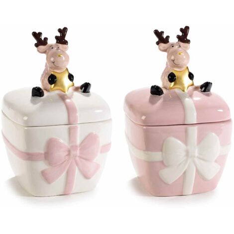 Barattoli natalizi in ceramica con renna su pacchetto regalo set 2 pezzi