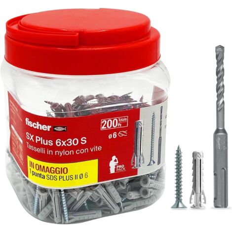 Barattolo 200 tasselli sx6s fischer + punta sds omaggio da 6 mm sx plus 6x30 s