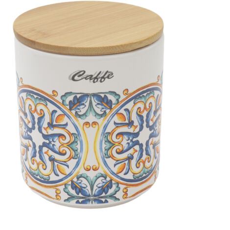 BARATTOLO DA CAFFÈ TONDO 10 X H 12 CM CON DECORI E TAPPO IN LEGNO