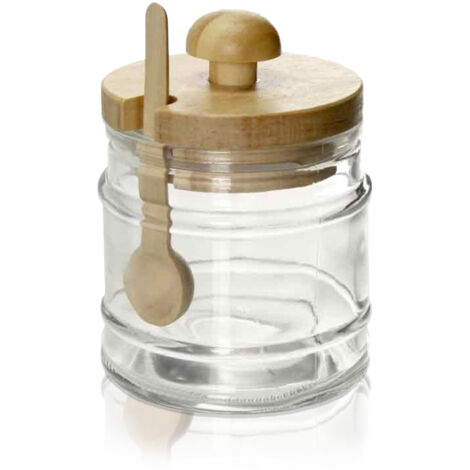 BARATTOLO DA CUCINA IN VETRO CON CUCCHIAIO E TAPPO IN LEGNO 8X11CM CAPIENZA 300 ML