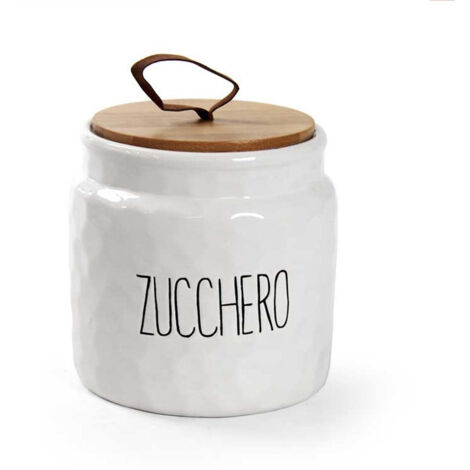 BARATTOLO MODELLO ONDULATO PER ZUCCHERO 14 CM BIANCO CON TAPPO IN LEGNO