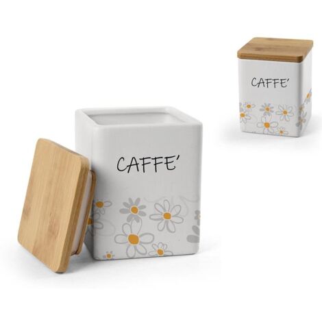 BARATTOLO QUADRATO PER CAFFÈ IN CERAMICA CON TAPPO IN LEGNO 10X13 CM DAISY