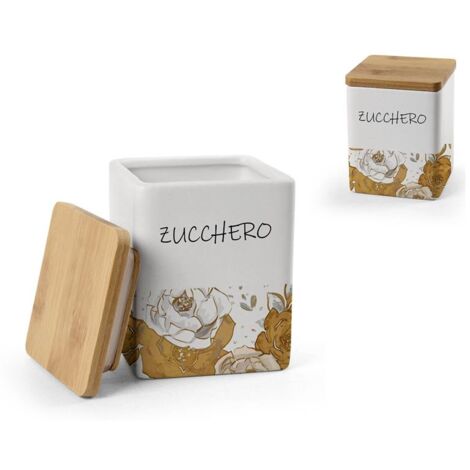BARATTOLO QUADRATO PER ZUCCHERO IN CERAMICA CON TAPPO IN LEGNO 10X13 CM ROSE