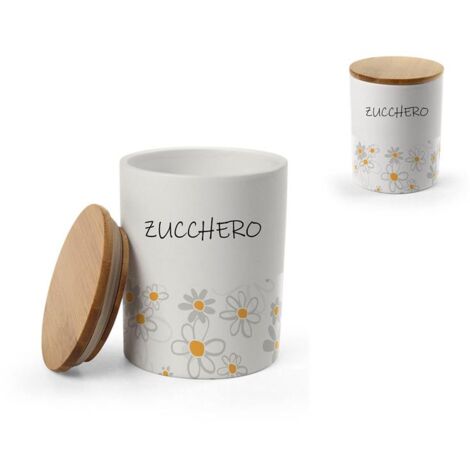 BARATTOLO TONDO PER ZUCCHERO IN CERAMICA CON TAPPO IN LEGNO 10X13 CM DAISY