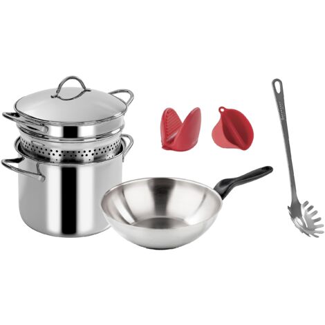 Barazzoni Set 7pz, 100% Pasta Acciaio, Composto da Pastamania con fondo Servispaghetti Mediterranea, Saltapasta Le Inoxidabili, Presine silicone 2 pezzi My Utensil