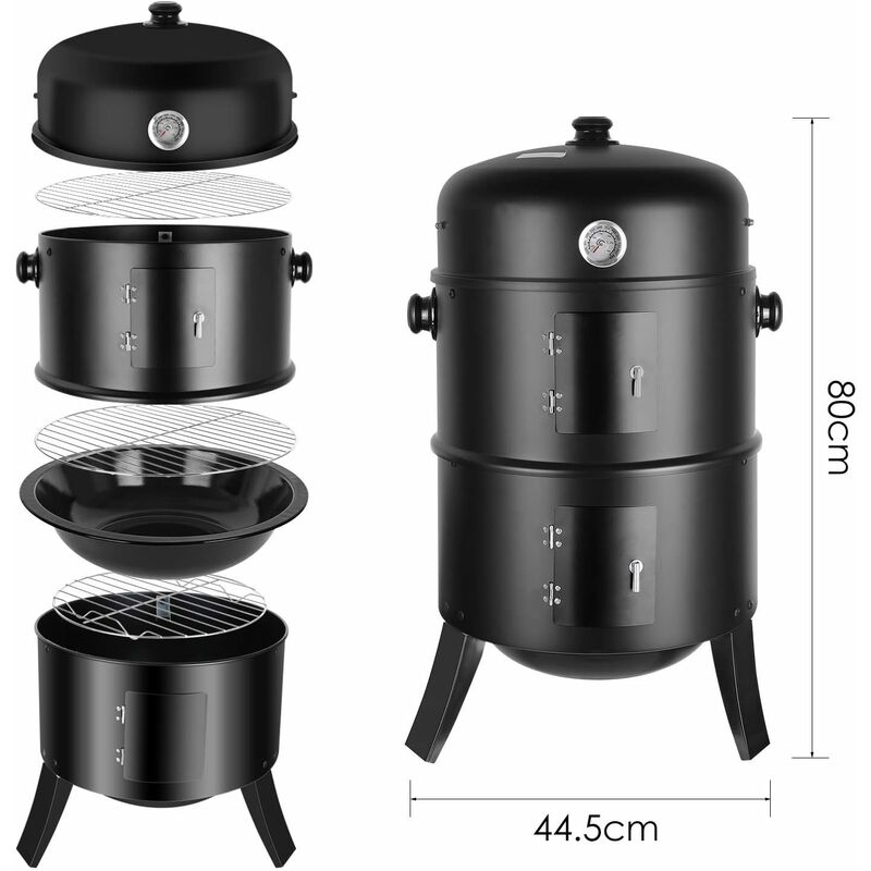 

Barbacoa Ahumador, 3 en 1, Multifunción, Barbacoa de Carbón, Termómetro Incluido, con Ganchos, 3 Parillas de Gran Capacidad, para Fiestas de Cocina