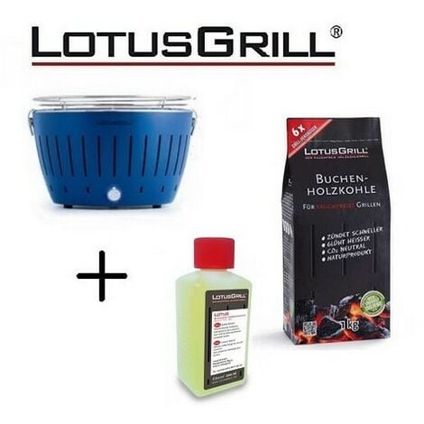 Barbacoa Azul con Pilas y Cable de Alimentación USB + 1Kg de Carbón de Haya + Gel Combustible Inodoro para Barbacoa 200ml -Lotus Grill