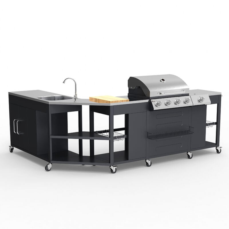 

Barbacoa BBQ gas acero inoxidable 4 + 1 quemadores rejilla fregadero estantes Mustard