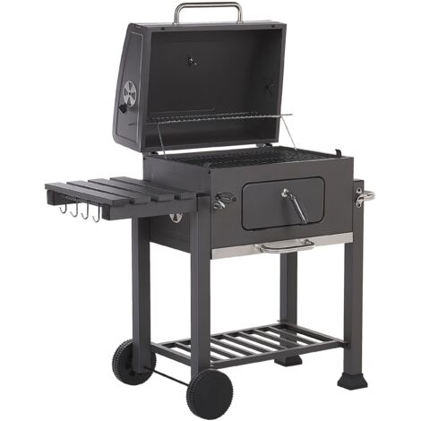 Barbacoa de carbón parrilla de acero gris con tapa rejilla ruedas 2 estantes termómetro cenicero extraíble jardín Pavlof