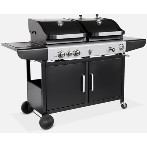 ALICE'S GARDEN Barbacoa de gas 2 en 1, 3 quemadores + 1 fuego lateral, Marsac, Negro, 162.5x70.5x111 cm