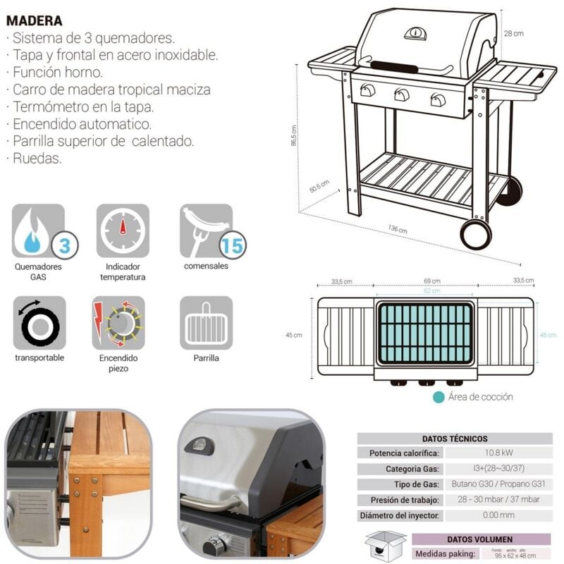 

Barbacoa de gas Premium con 3 quemadores de acero inoxidable de 61x136x114 cm