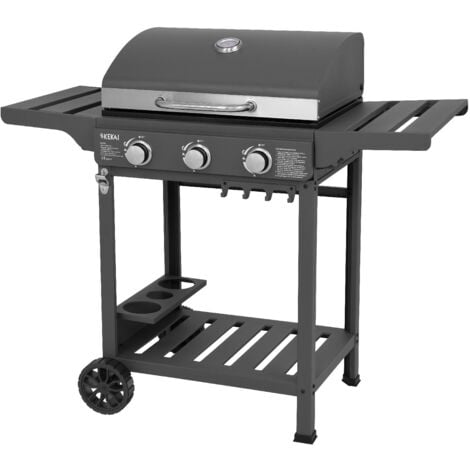 Barbacoa de Gas Portátil Kekai Leech 118,5x57,5x104,5 cm 9 kW con 3 Quemadores, Termómetro, Mesas Laterales, Balda y Ruedas