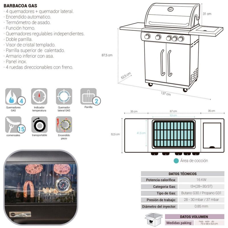 

Barbacoa de gas con 4 quemadores de acero negra de 115x54x132 cm