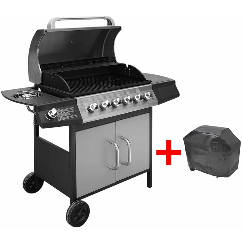 

Happyshopping - Barbacoa grill de gas 6+1 quemadores negra y plateada