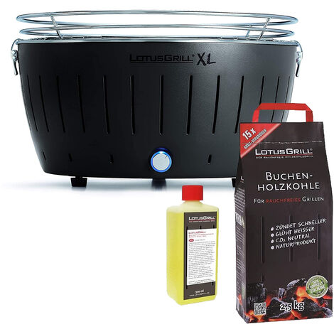 Barbacoa Negra XL con Pilas y Cable de Alimentación USB + 2,5Kg de Carbón de Haya + Gel Combustible 500ml - Lotus Grill