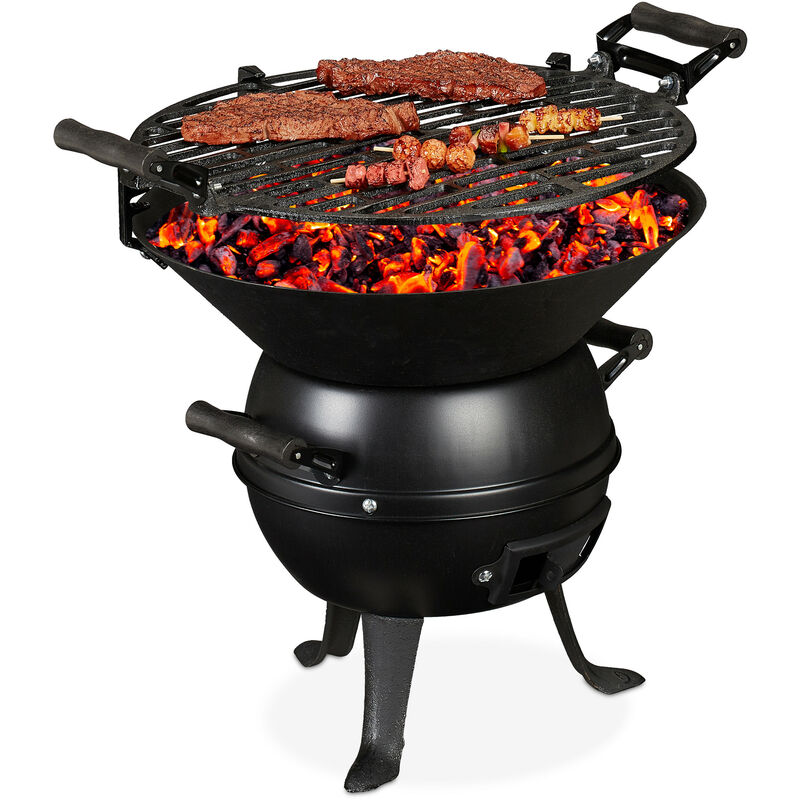 

Relaxdays - Barbacoa Pequeña Carbón, Hierro Fundido y Acero, Altura Regulable, Portátil, Parrilla 35 cm Ø, Camping, Negro