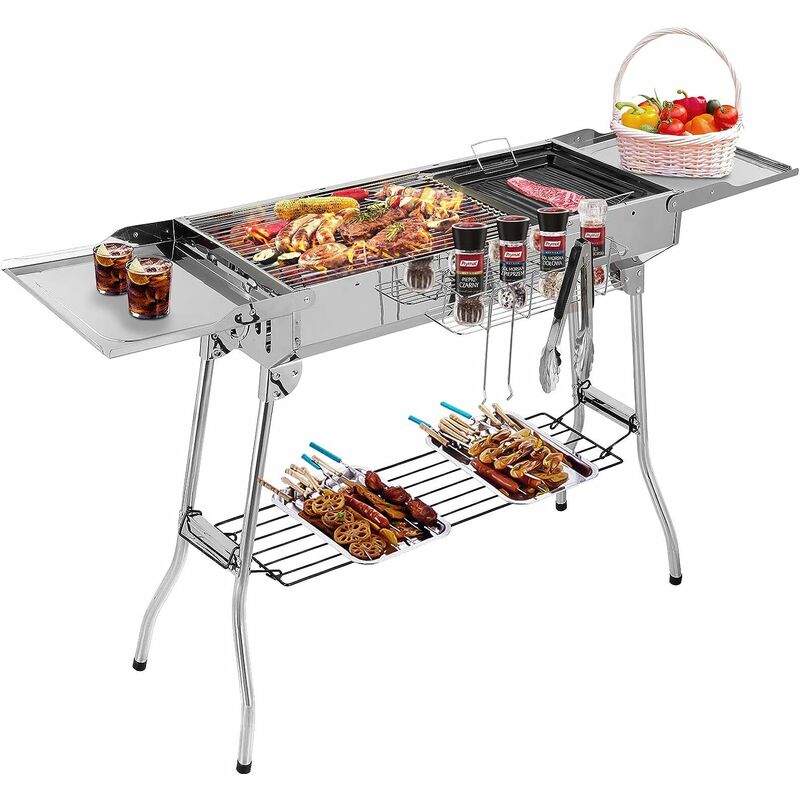 

Barbacoa Portátil de Acero Inoxidable, Barbacoa de carbón con Doble Alas Plegables, Sartén Antiadherente, Orificios de Ventilación ajustables para