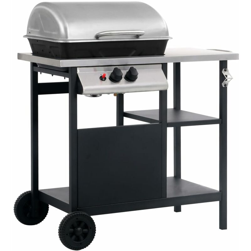 

BHD - Barbacoa portátil de gas con mesita 3 estantes negro y plateado